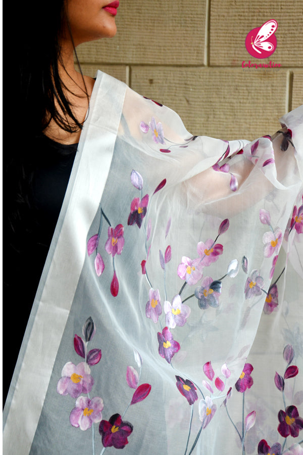 Off White Purple Mauve Pure Organza Floral Stole