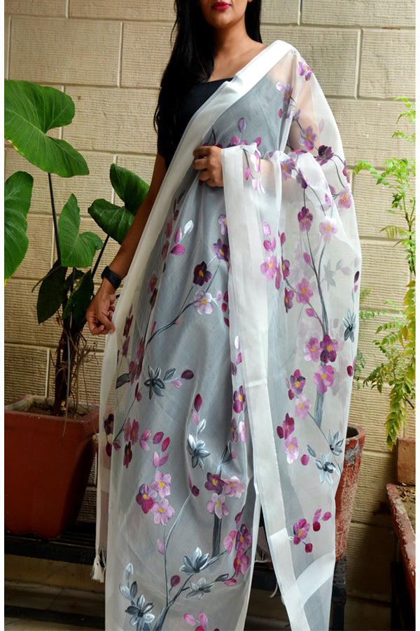 Off White Purple Mauve Pure Organza Floral Stole
