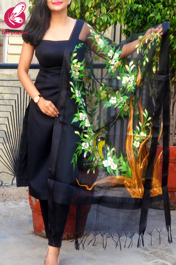 Black Organza Yellow Floral Hand painted Stole