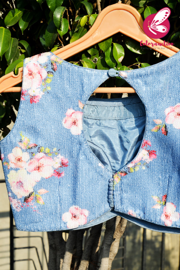 Ice Blue Floral Sequins Keyhole Back Potli Buttons Padded Blouse