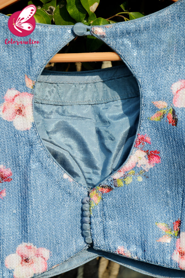 Ice Blue Floral Sequins Keyhole Back Potli Buttons Padded Blouse