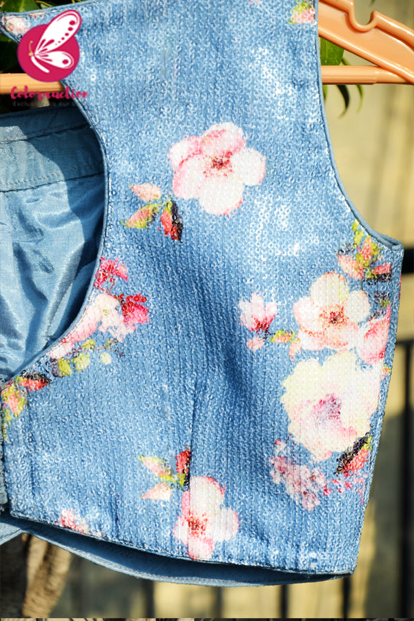 Ice Blue Floral Sequins Keyhole Back Potli Buttons Padded Blouse