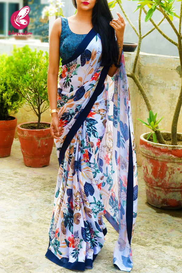 White Satin Georgette Blue DupionTaping Saree