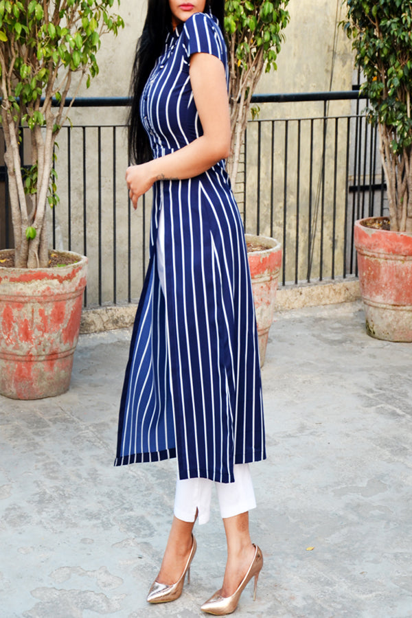 Navy Blue Stripes Front Slit Kurti with White Cotton Silk Pants