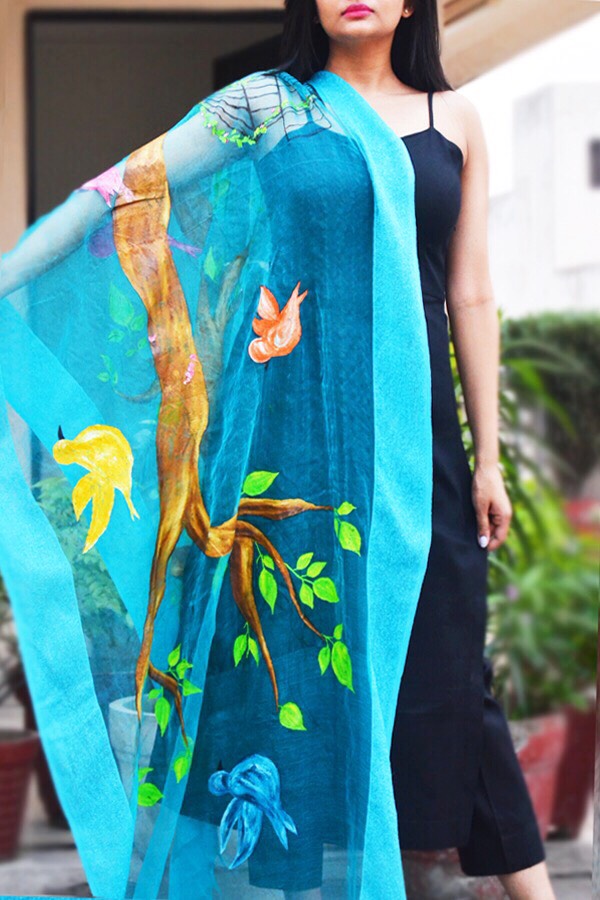 Sky Blue Organza Handpainted Floral Stole