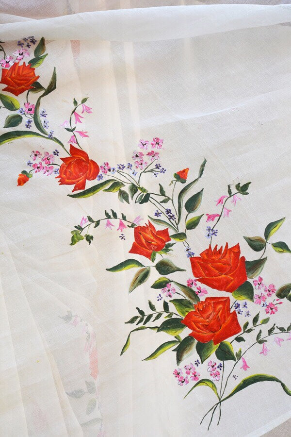 Off White Handpainted Floral Organdy Saree