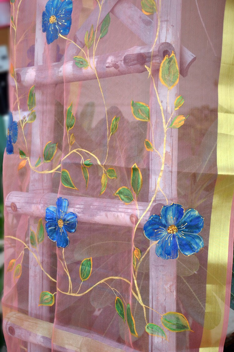 Peach Organza Floral Hand Painted stole