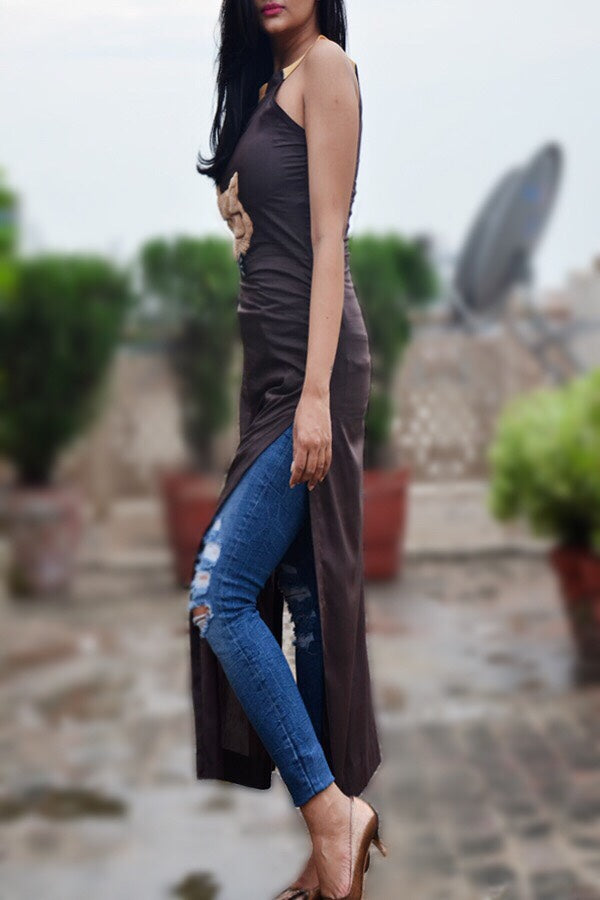 Brown Viscose Cat Patch Straight Kurti
