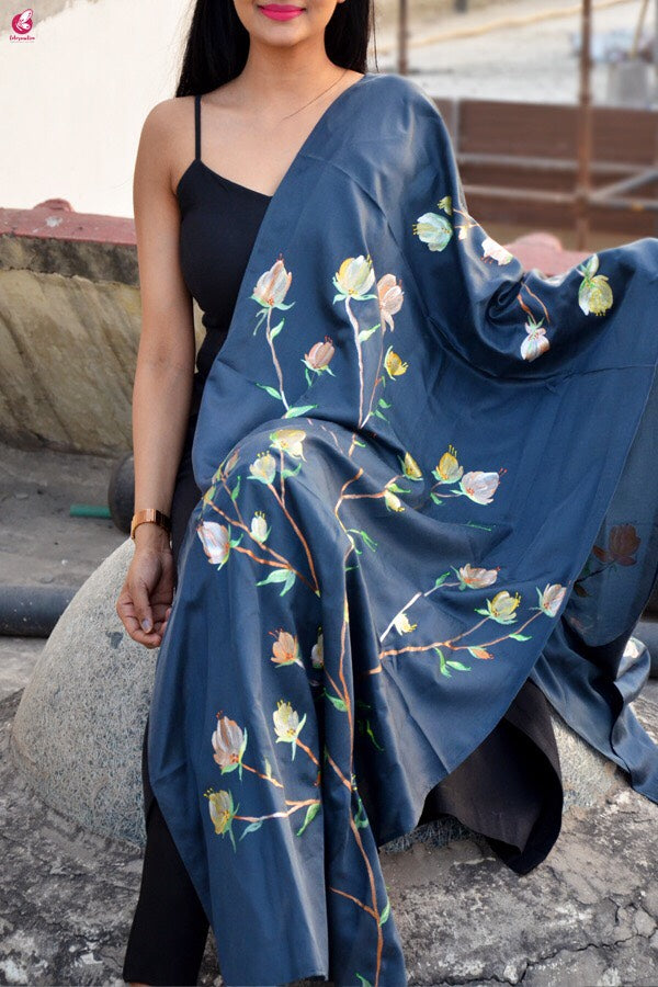 Grey Silk Hand-painted  Multi Color Floral Stole