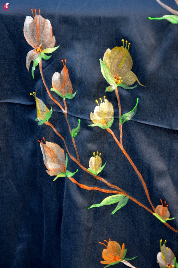 Grey Silk Hand-painted  Multi Color Floral Stole