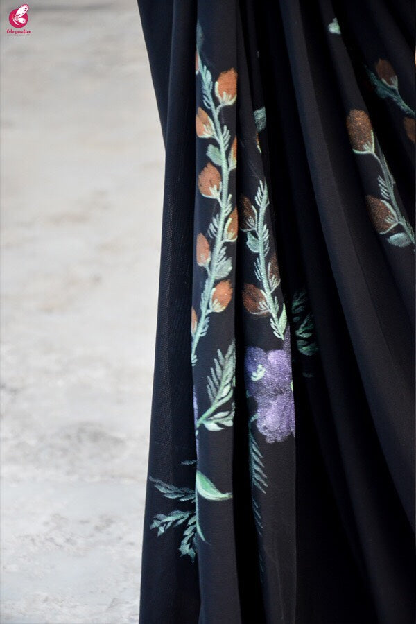 Black Lycra Net Hand-painted Saree