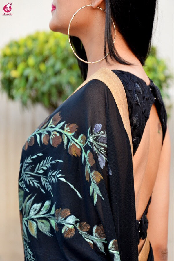 Black Lycra Net Hand-painted Saree