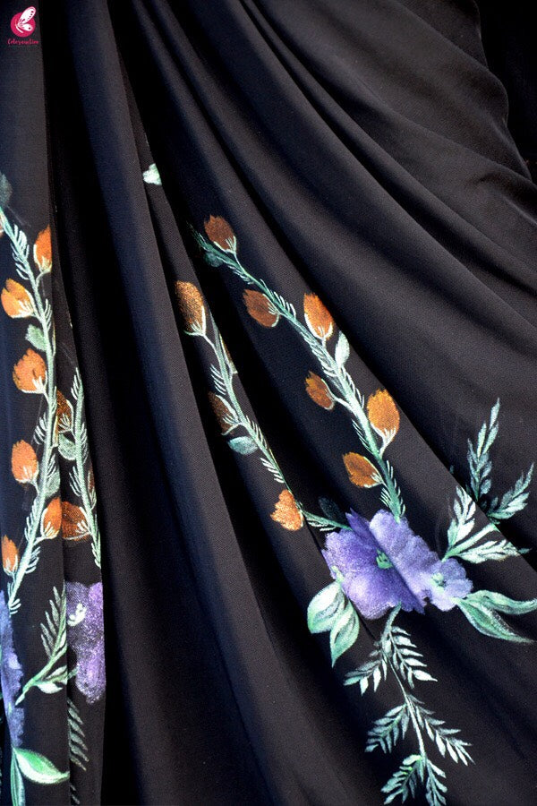 Black Lycra Net Hand-painted Saree