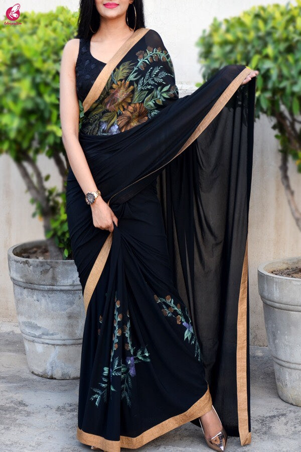 Black Lycra Net Hand-painted Saree