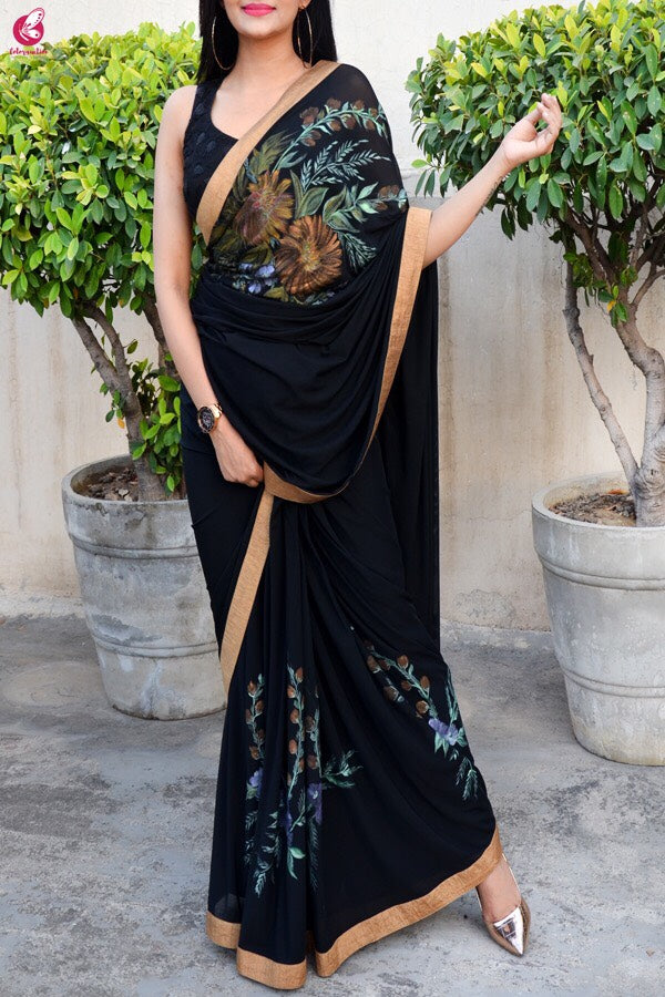 Black Lycra Net Hand-painted Saree
