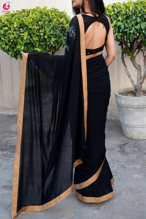 Black Lycra Net Hand-painted Saree