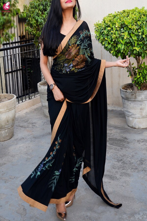 Black Lycra Net Hand-painted Saree
