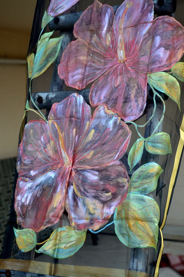 Black Organza Hibiscus Floral Hand Painted Stole
