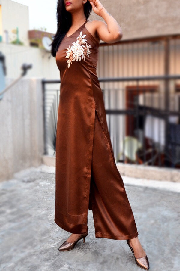 Brown Satin Embroidered Straight Kurti Set