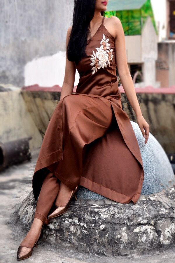 Brown Satin Embroidered Straight Kurti Set