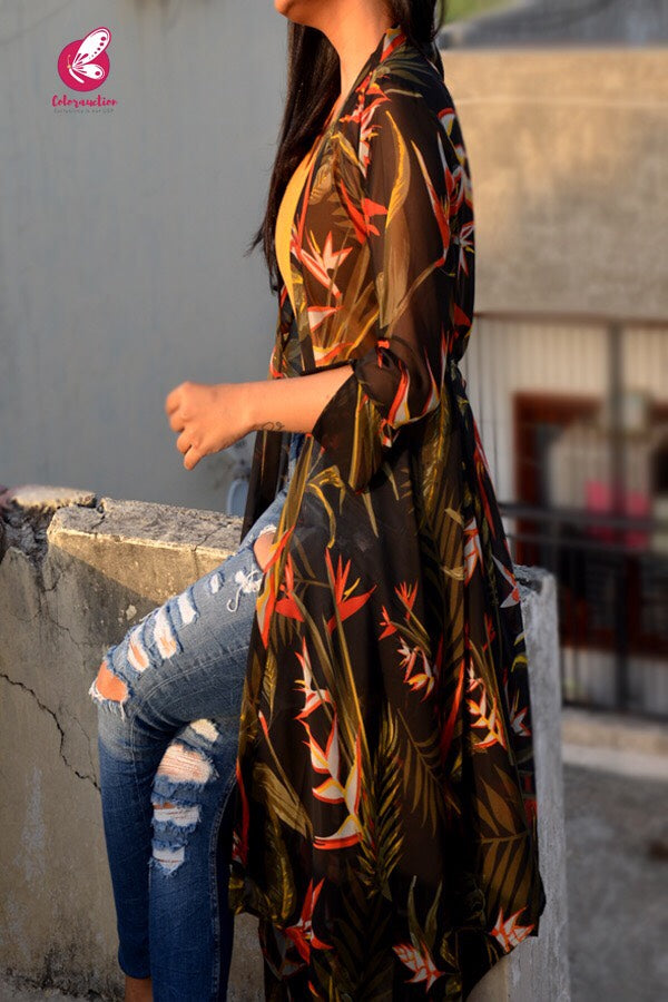Black Georgette Printed Floral Shrug