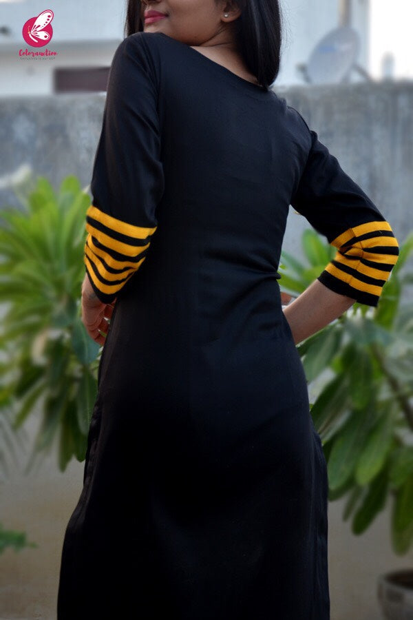 Black Cotton Hand-Painted Straight Kurti