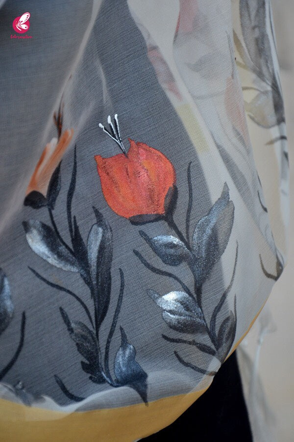 White Organza Floral Hand painted Stole