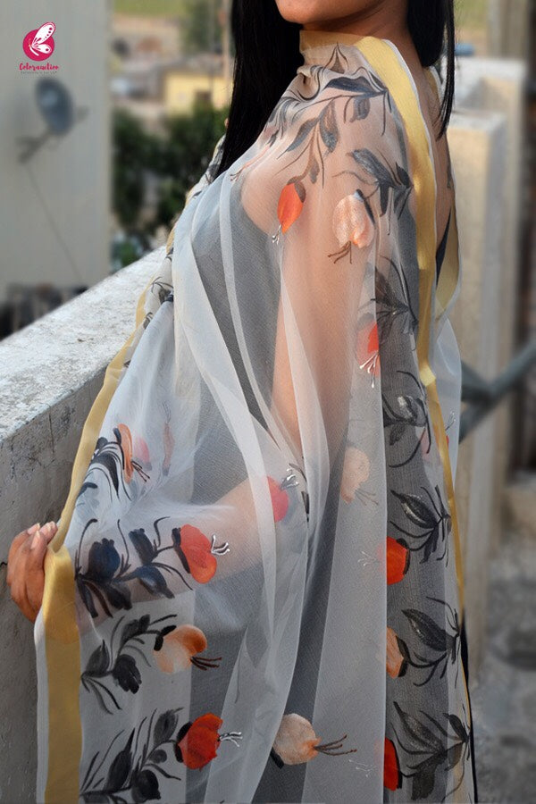 White Organza Floral Hand painted Stole