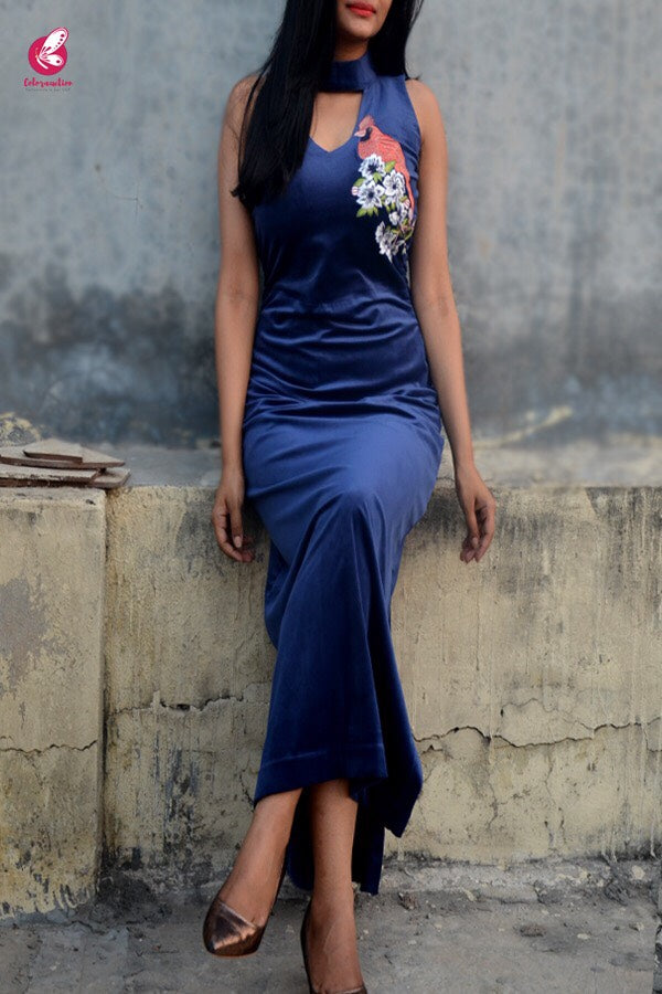 Blue Silky Velvet Sleeveless Maxi Dress