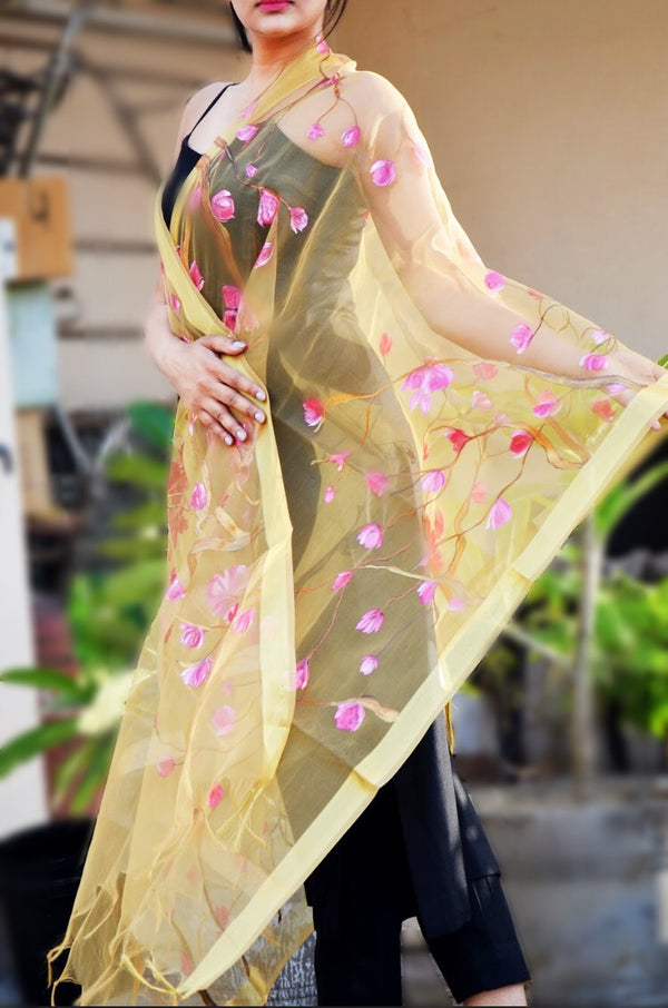 Golden Organza Hand Painted Floral Stole