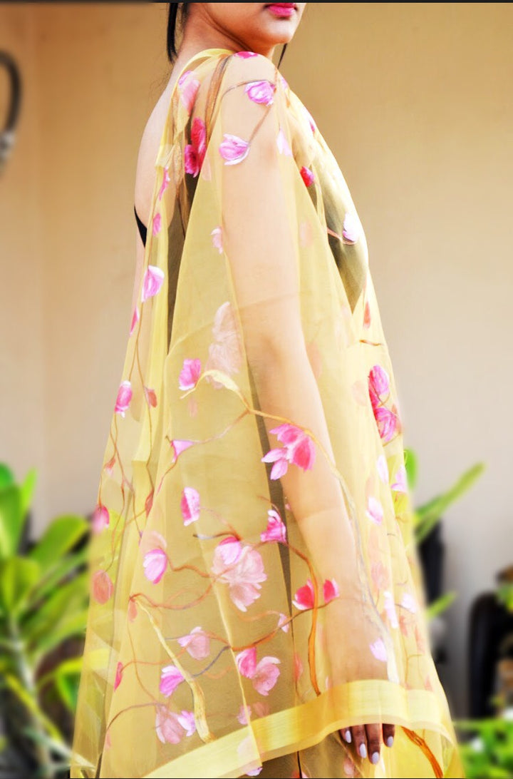 Golden Organza Hand Painted Floral Stole