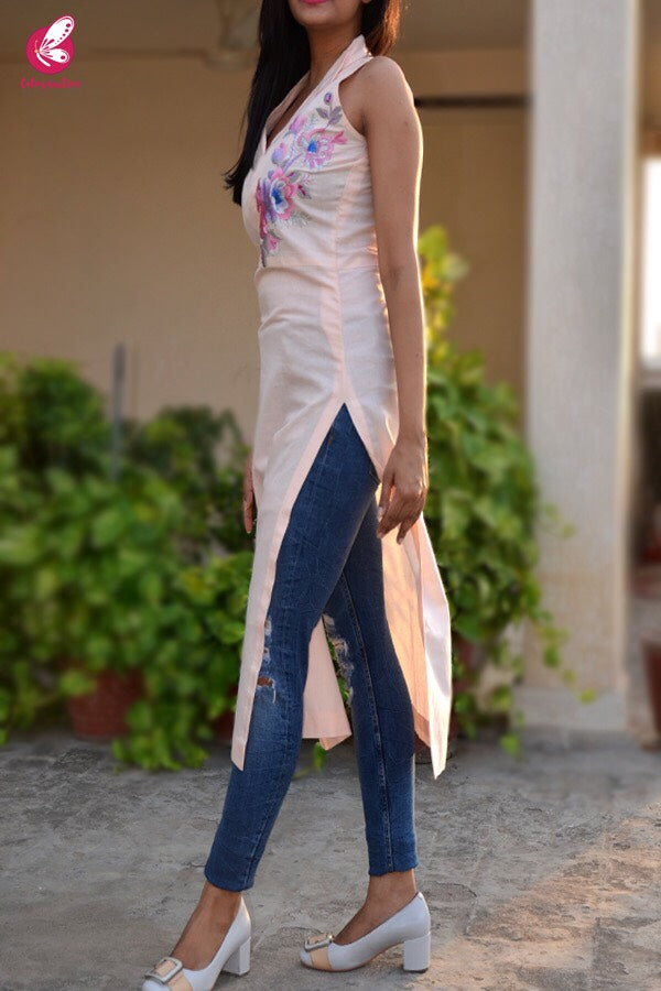 Peach Pure Linen Embroidered Kurti