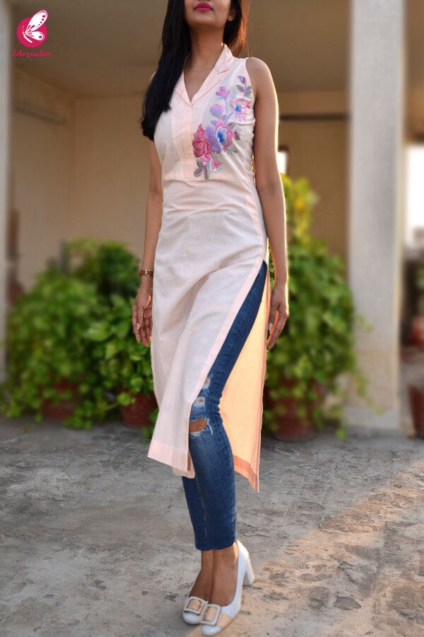 Peach Pure Linen Embroidered Kurti