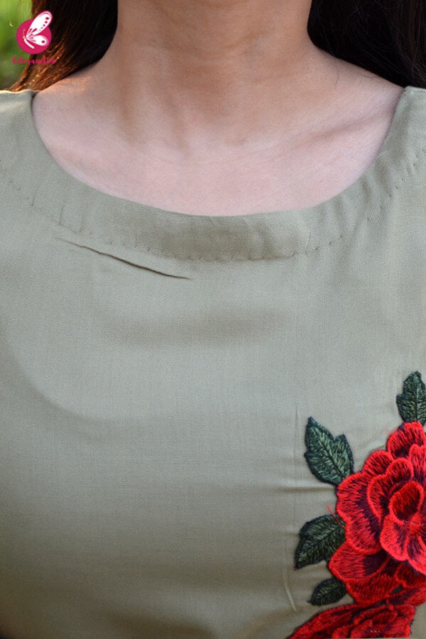 Green Modal Rayon Patched A-Line Kurti