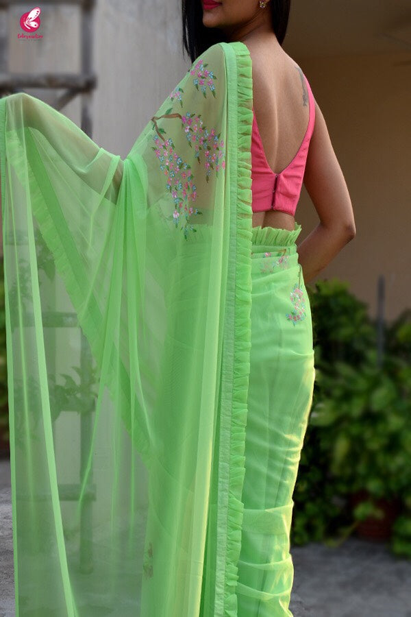 Neon Green Net Handpainted Saree