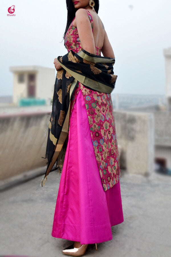 Magenta Banarasi Padded Kurta with Skirt and Dupatta
