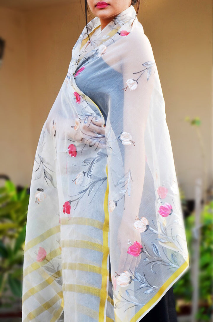 White organza Floral Handpainted Stole