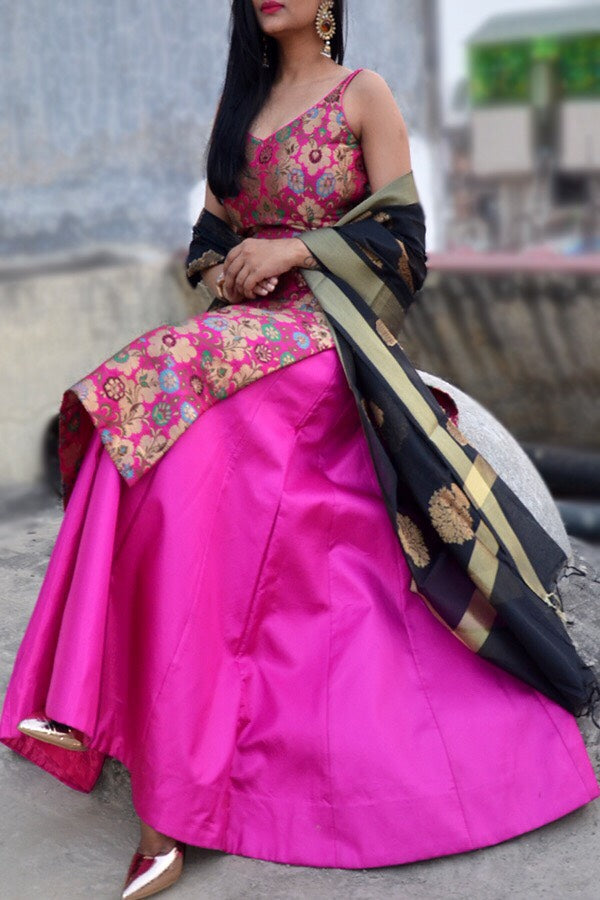 Magenta Banarasi Padded Kurta with Skirt and Dupatta