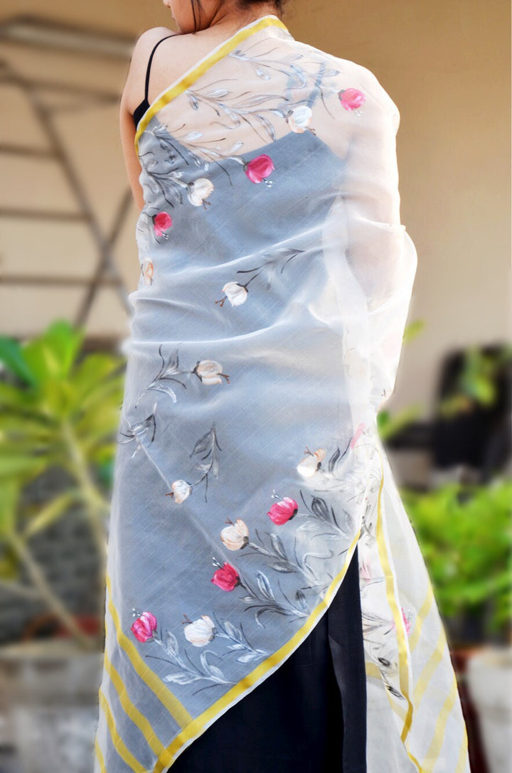 White organza Floral Handpainted Stole