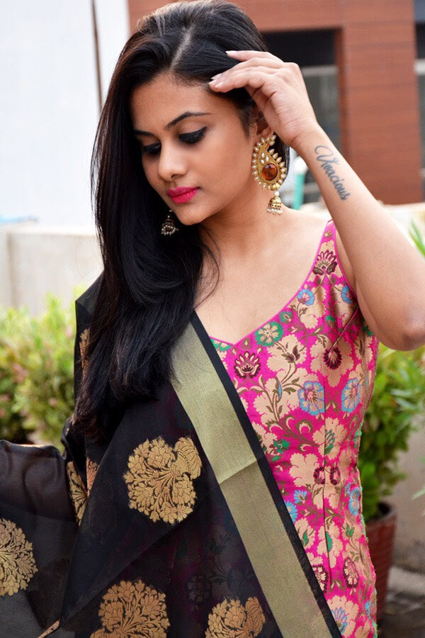 Magenta Banarasi Padded Kurta with Skirt and Dupatta