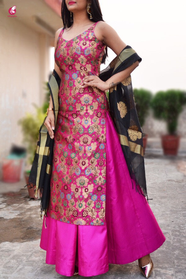 Magenta Banarasi Padded Kurta with Skirt and Dupatta