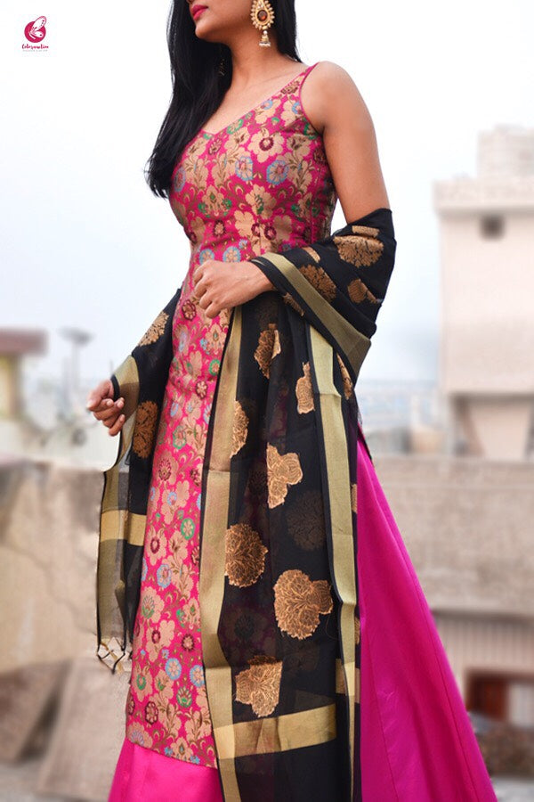 Magenta Banarasi Padded Kurta with Skirt and Dupatta