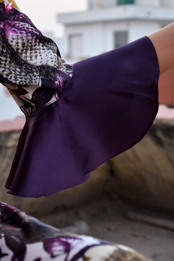 Purple Satin Printed Quarter Sleeves Kurti