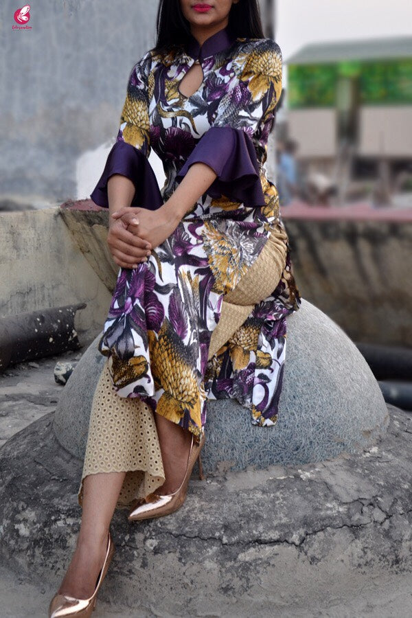 Purple Satin Printed Quarter Sleeves Kurti