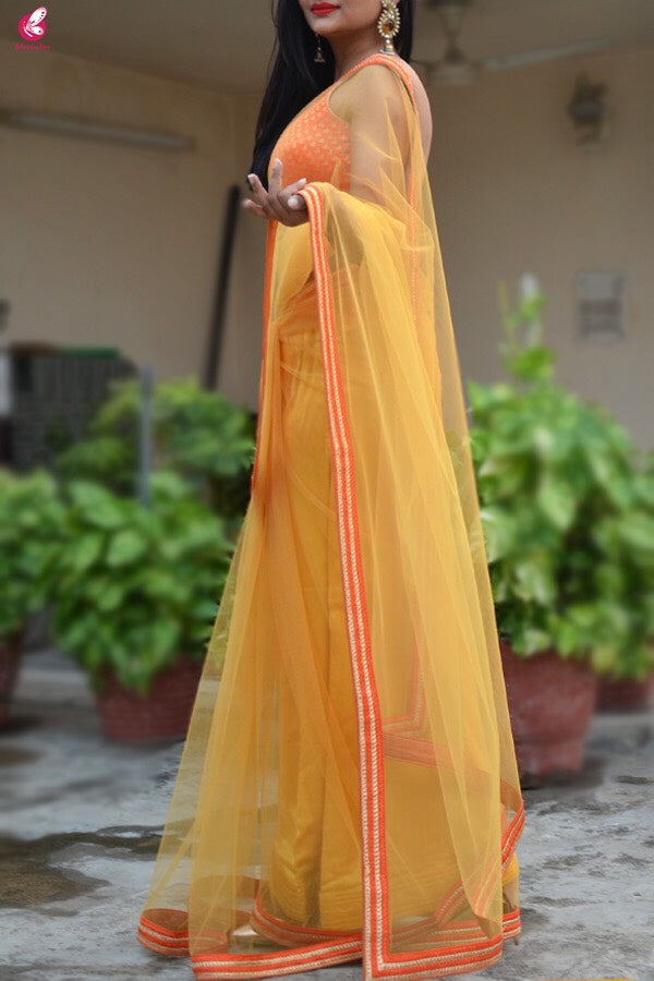 Yellow Orange Net Border Saree