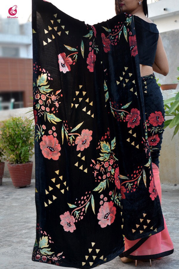 Embellished Half and Half Georgette Velvet Saree