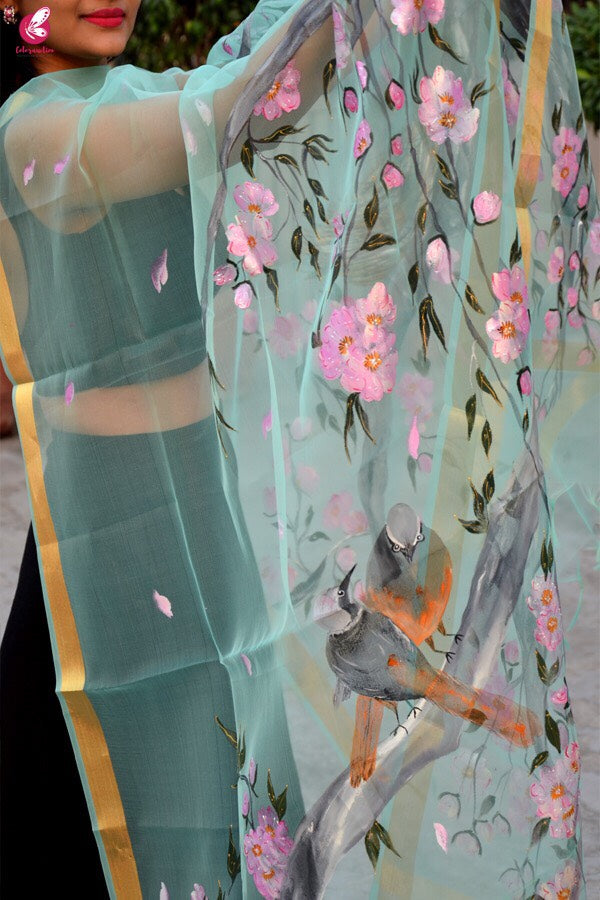 Pista Green Handpainted Floral Dupatta