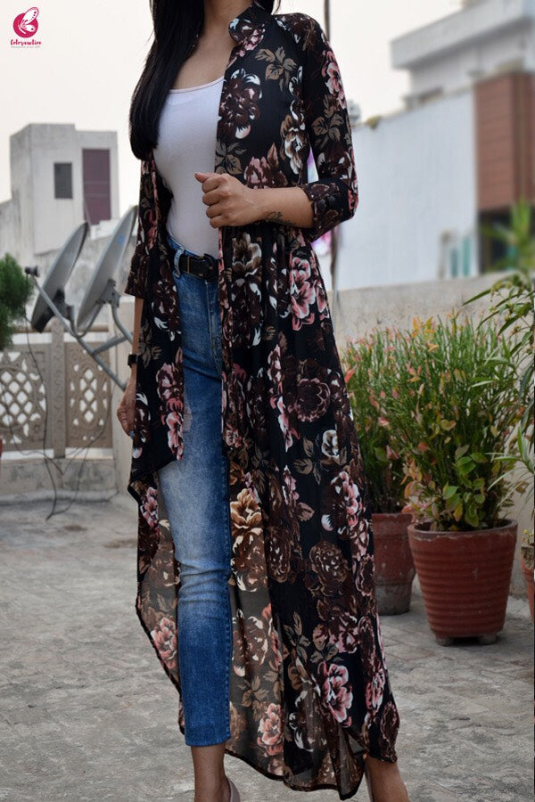 Black Multicolor Georgette Floral Long Shrug