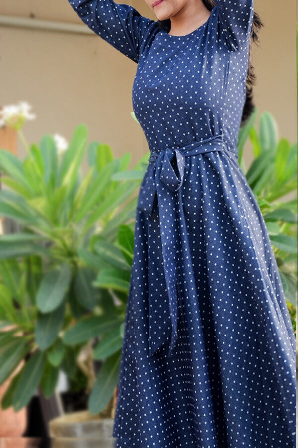 Blue Printed Denim Waist Belt Midi Dress