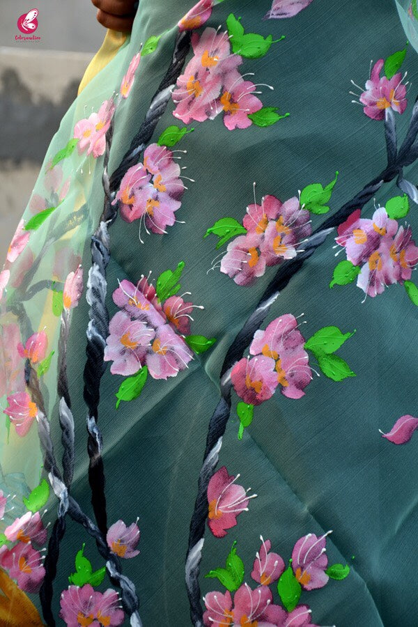 Pista Green Floral Handpainted Stole